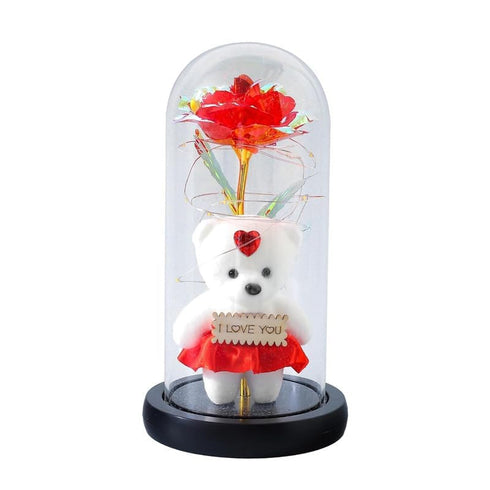 ETONWALL Valentines Day Artificial Rose Flower Gift in Glass Dome with Teddy & LED Light