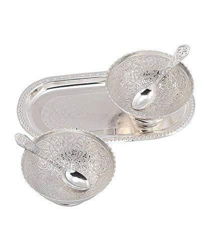 R Ayurveda Copper Silver Plated Metal Bowl Tray Pudding Set 5 Pieces