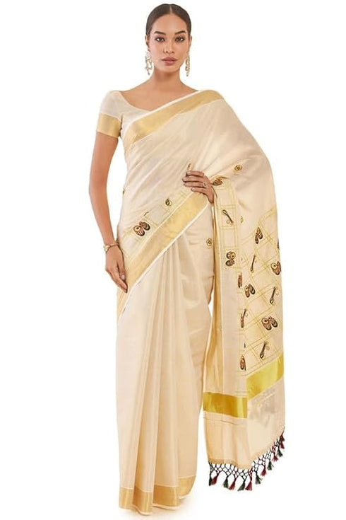 Vasthrlay Tissue Kasavu Embroidered Ethnic Motifs