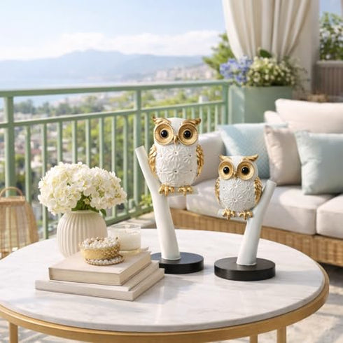 2 pc Decorative Owl Handicraft Figurine with Metallic Gold Accents