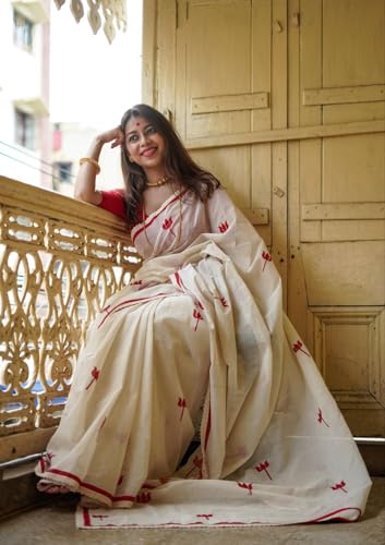 Vasthrlay Traditional Bengali Linen Red Floral Motifs And Border Saree With Matching Unstitched Attached Blouse