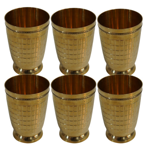 Pure Brass Embossed Design Tumbler Glass | Pack of 6