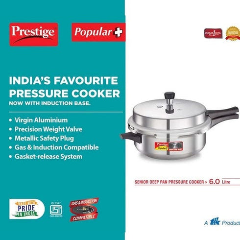 Prestige Popular Plus Virgin Aluminium Gas And Induction Compatible Senior Deep Pan Pressure Cooker 6 L Silver