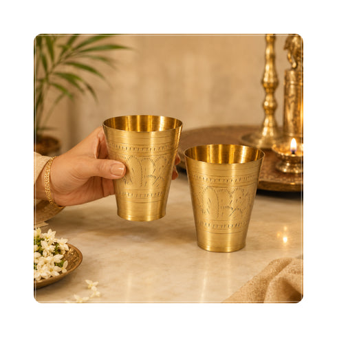 Pure Brass Embossed Design Lassi Glass | Pack of 2