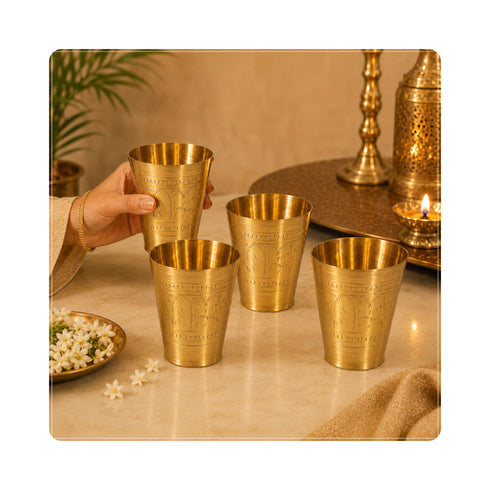 Pure Brass Embossed Design Lassi Glass | Pack of 4