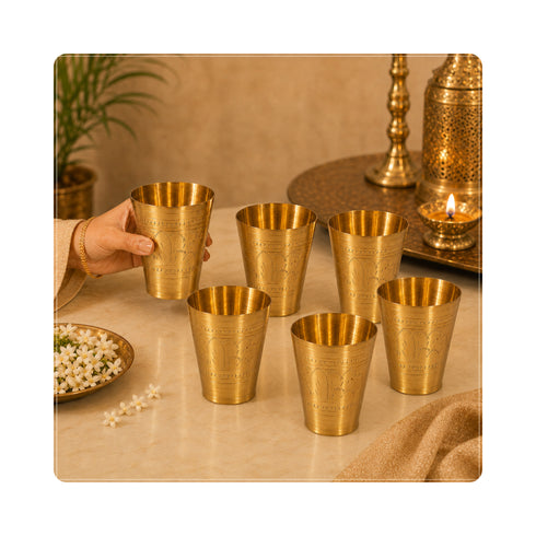 Pure Brass Embossed Design Lassi Glass | Pack of 6