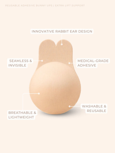 UNDERNEAT Reusable Adhesive Bunny Ups – Rabbit Ear Lift Design, Non-Adhesive Nipple Zone, Extra Lift Support - Beige