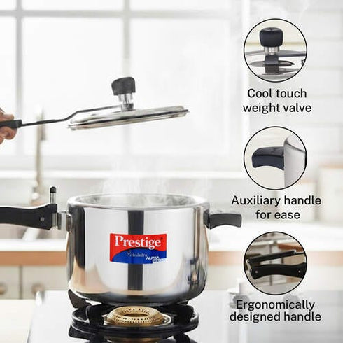 Prestige Nakshatra Alpha Svachh Stainless Steel Spillage Control Pressure Cooker 5 L Silver