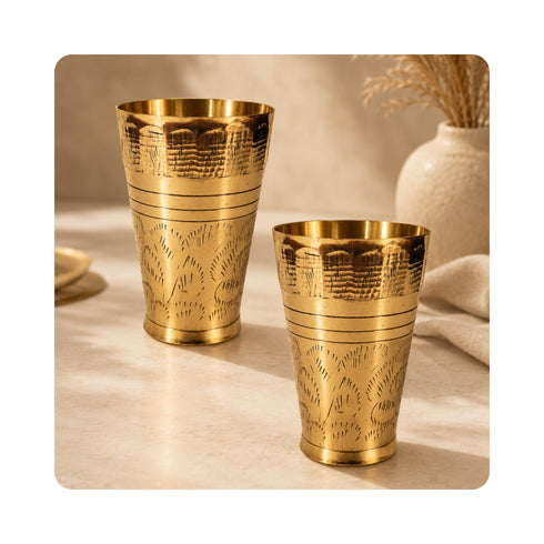 Pure Brass Embossed Design Lassi Glass | Pack of 4