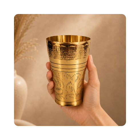 Pure Brass Embossed Design Lassi Glass | Pack of 4