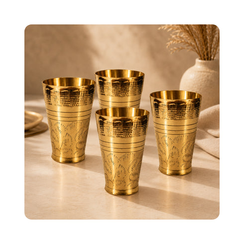 Pure Brass Embossed Design Lassi Glass | Pack of 4