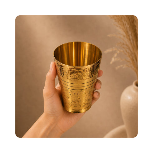 Pure Brass Embossed Design Lassi Glass | Pack of 6