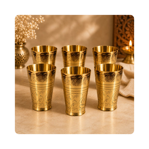 Pure Brass Embossed Design Lassi Glass | Pack of 6