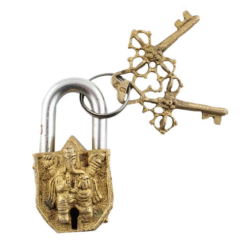 Brass Engraving Ganesha Idol Sculpture Pad Lock With Keys in Pair