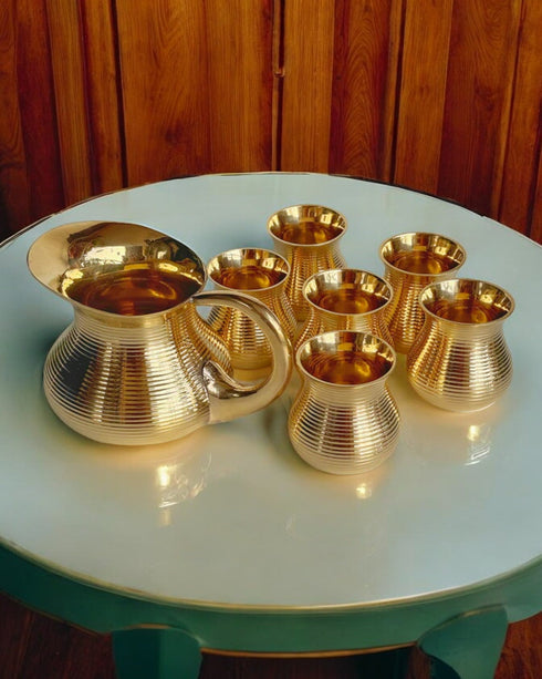 Tamas Brass Matki Shape Jug and 4 Glasses Set