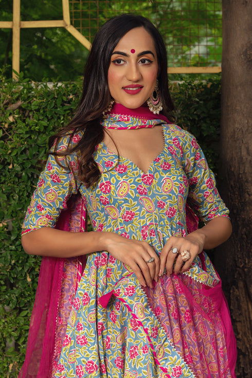 Pomcha Jaipur Jaipuri Hand Block Cotton Anarkali Set With Soft Net Dupatta