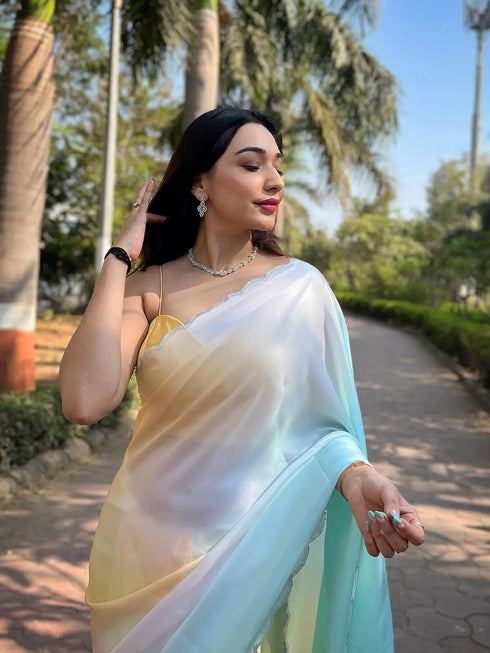 Vasthrlay Yellow Satin Georgette Plain Saree