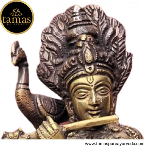 Tamas Brass Handcrafted Flute Playing Krishna with Peacock Statue / Idol with Antique Finish (Pack of 1)