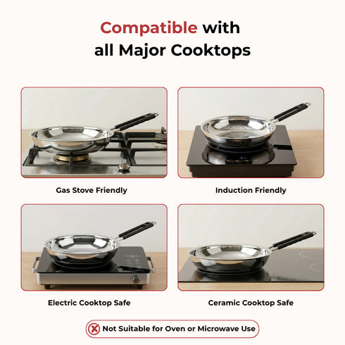 Vinod Stainless Steel Heavy Bottom Royal Fry Pan Dishwasher Safe Gas Stove and Induction Compatible Durable 20 Cm Frying Pan Soft Touch Handle Kitchen Utensil