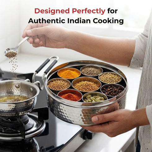 Vinod Hammered Stainless Steel Masala Dabba Spice Box with 7 Containers Spoon and Inner Lid Rust Resistant High Quality Build No 12