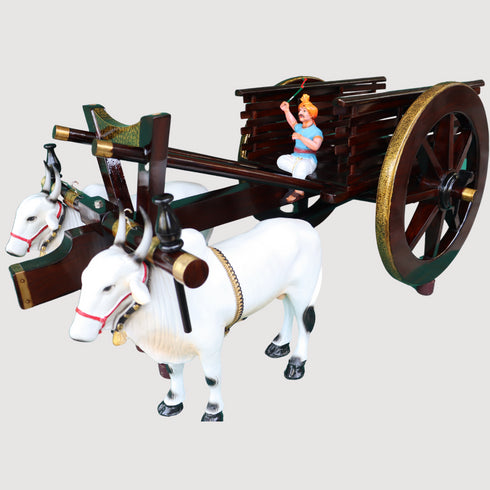 Handcrafted Teak Wood Bullock Cart Teapoy Set with Steel Bulls - Dark Brown Finish