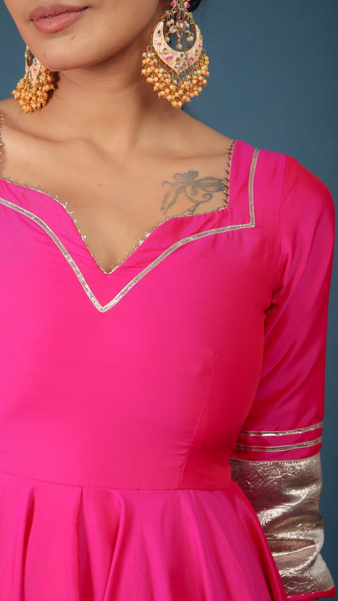 Pomcha Jaipur Amber Hot Pink Taffeta Silk Anarkali Set