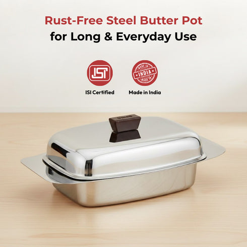 Vinod Stainless Steel Butter Dish With Butter Knife and Lid Highest Grade Steel Build Rust Free Finish And Dishwasher Safe Design