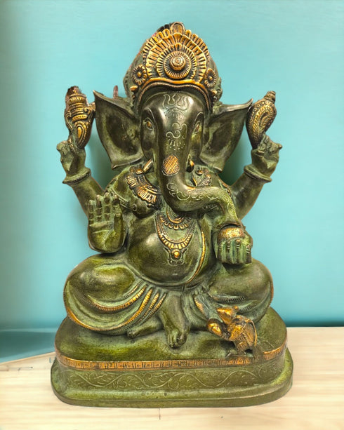Tamas Brass Lord Ganesha Enjoying Modak - Statue/Idol (Green)
