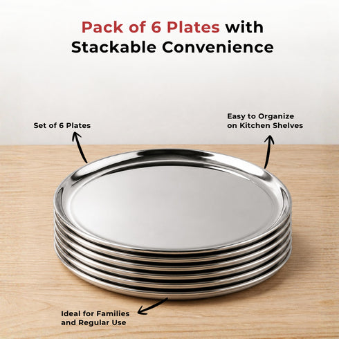 Vinod Stainless Steel Bangla Bogi Plate Lunch Plate Dinner Plate Set of 6 21 cm High Grade Stainless Steel Mirror Finish
