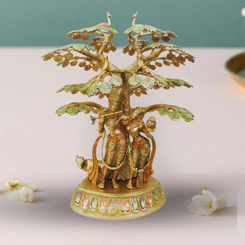 Brass Tree Radha Krishna With Cow Statue 11.545Kg