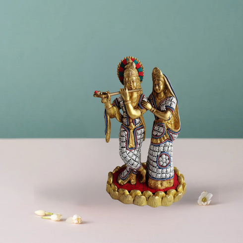 Brass Radha Krishna Same Base Stone God 3.77Kg