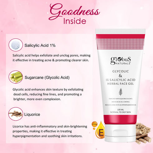 Globus Naturals Glycolic & 1% Salicylic Acid Herbal Anti Acne Face Gel