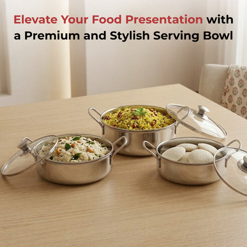 Vinod Stainless Steel Elite Bowl 3 Pcs Set with Glass Lids and Side Handles Highest Grade Stainless Steel Mirror Finish Strong and Sturdy Build
