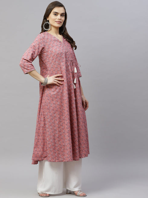 Miravan Womens Pink Cotton Floral Print Anarkali Kurta With Dupatta