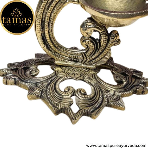 Tamas Brass Handcrafted Peacock Diya with Bell with Antique Finish