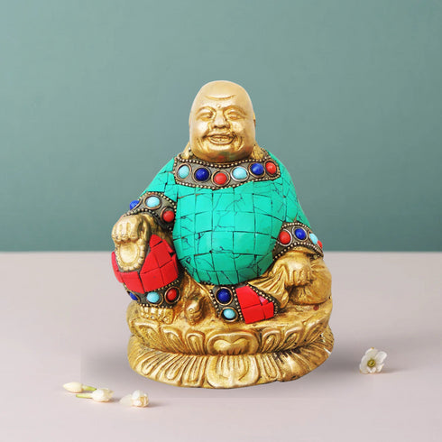 Brass Laughing Buddha Statue With Turquoise Coral 1.205Kg
