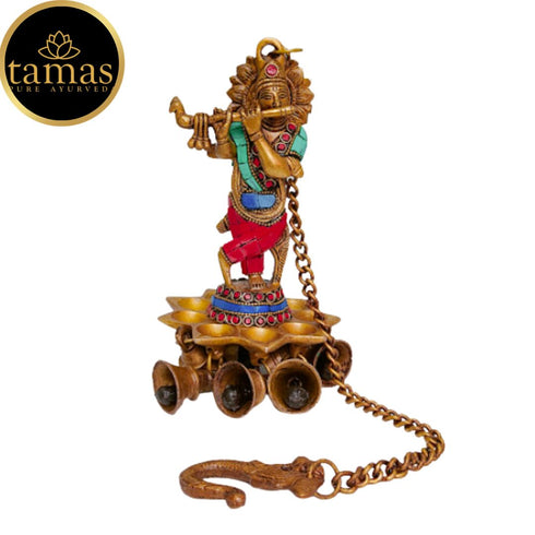 Tamas Brass Krishna Wall Hanging Diya Oil Lamp With Bells (Multicolor)