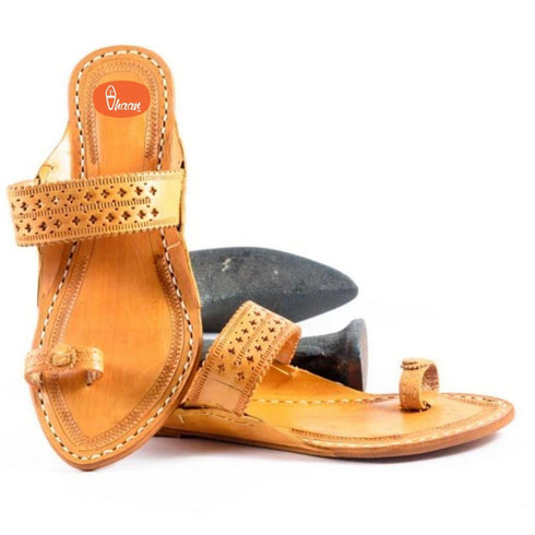 Vhaanfootwear Yellow Ladies Kolhapuri Without Wadi Handicraft Hand Punched Belt