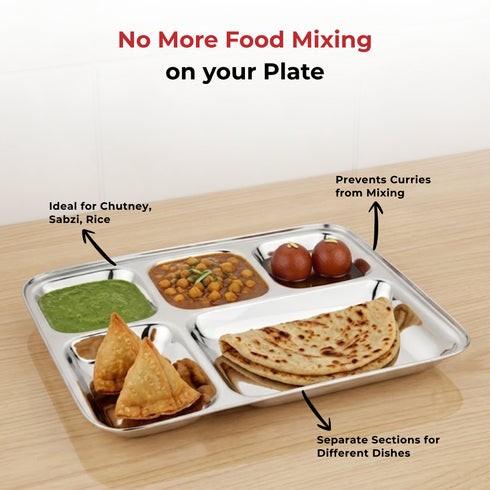 Vinod Stainless Steel 5 Compartment Plate with Square Edges Lunch and Dinner Plate Bhojan Thali High Quality Steel Rust Free Pack of 2
