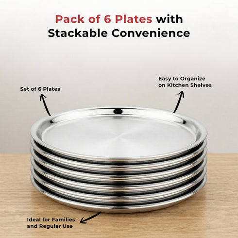 Vinod Stainless Steel Two Tone German Bogi Dish Set of 6 18.5 cm Serving Dish Salad Plate Snack Plate Mirror Finish