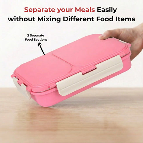 Vinod Stainless Steel Tiffin 2 Compartment Pink Airtight Silicone Sealed Lid Insulated Leak Proof Easy to Clean and Rust Free
