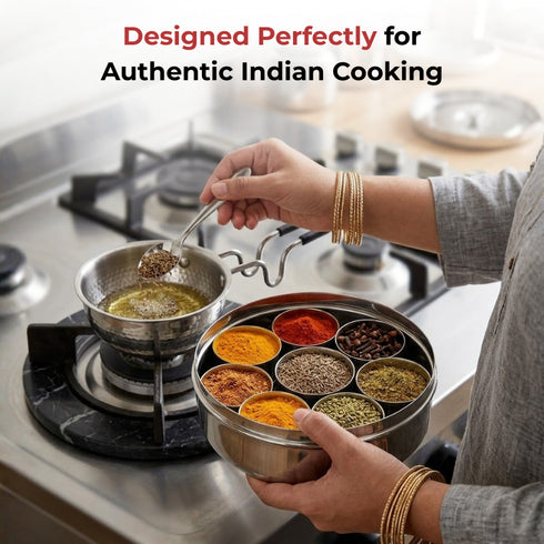 Vinod Stainless Steel Masala Dabba Spice Box with 7 Containers Spoon and Inner Lid Mirror Finish Rust Free Build No 12