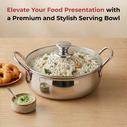 Vinod Stainless Steel Elite Bowl with Glass Lid and Side Handles 900 ml Highest grade Stainless Steel Mirror Finish Dishwasher Safe