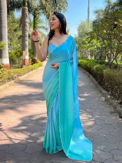Vasthrlay Sky Blue Satin Georgette Plain Saree