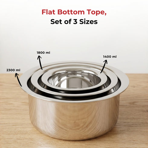 Vinod Stainless Steel Induction Friendly Flat Bottom Cooking Tope With 1.5mm Thickness 18 Gauge Durable Steel 3 Pcs Capacity 1400ml 1800ml and 2300ml No 11 to 13