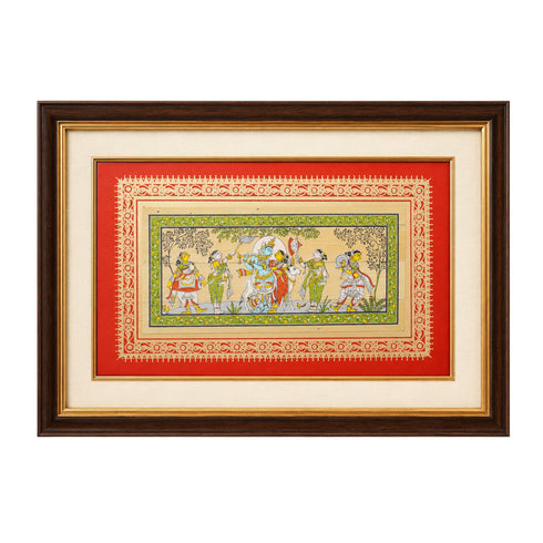 Palm Leaf Handmade Painting of Lord Krishna And Radha with Cow