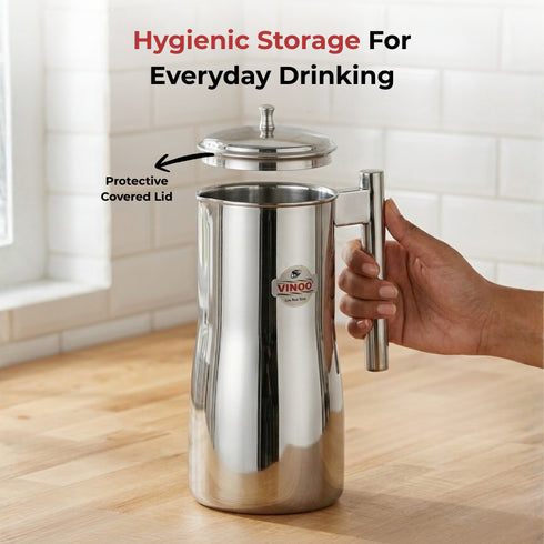 Vinod Stainless Steel Magnum Water Pitcher Jug with Cover 1700 ml Mirror Finish Sturdy Tough Build Dishwasher Safe Leak Free
