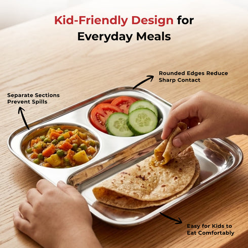 Vinod Stainless Steel 3 In 1 Compartment Plate with Round Edges Pav Bhaji Plate Idli Sambhar Plate Lunch Dinner Plate Pack of 2