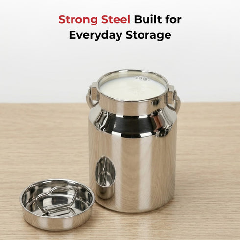 Vinod Stainless Steel Milk Can Barni Oil Can 3.7 Litre with Jointless Body Heavy Gauge Steel Glossy Finish and Non Reactive Surface