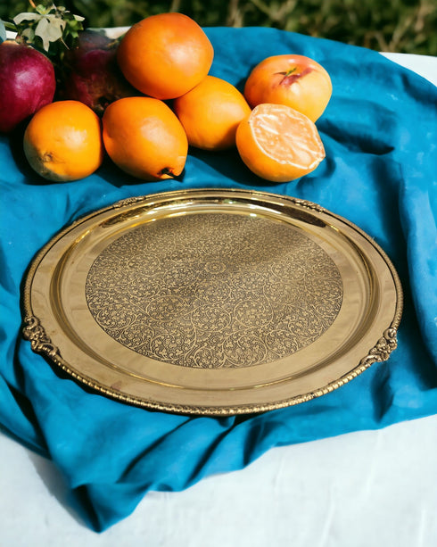 Tamas Brass Handmade Round Traditional Vintage Floral Serving Tray